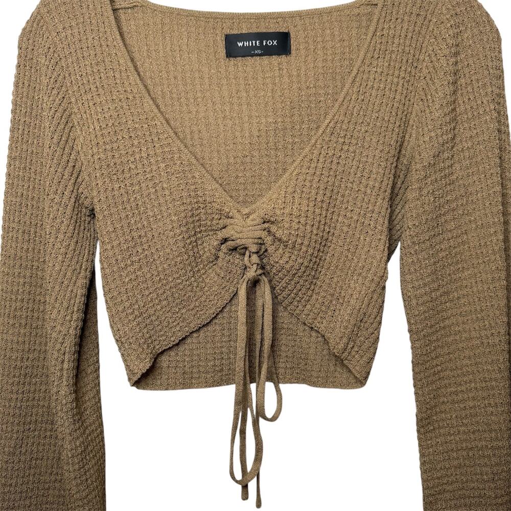 White Fox Brown Ribbed Lace‎ Up Crop Top Balloon Sleeve Size XS Minimalist Basic - Picture 2 of 9